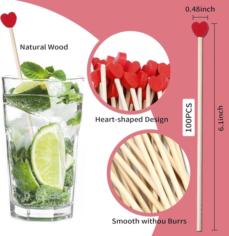 OSSIJAY 100 Piece 6Inch Rock Candy Sticks with Heart-Shaped Wooden Sticks for Lollipop, Coffee, Appetizer Skewers (Red) - Image 2